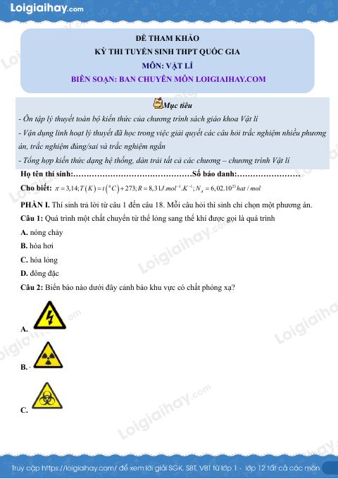 Đề tham khảo thi Vật lí THPT lớp 12 - có lời giải chi tiết